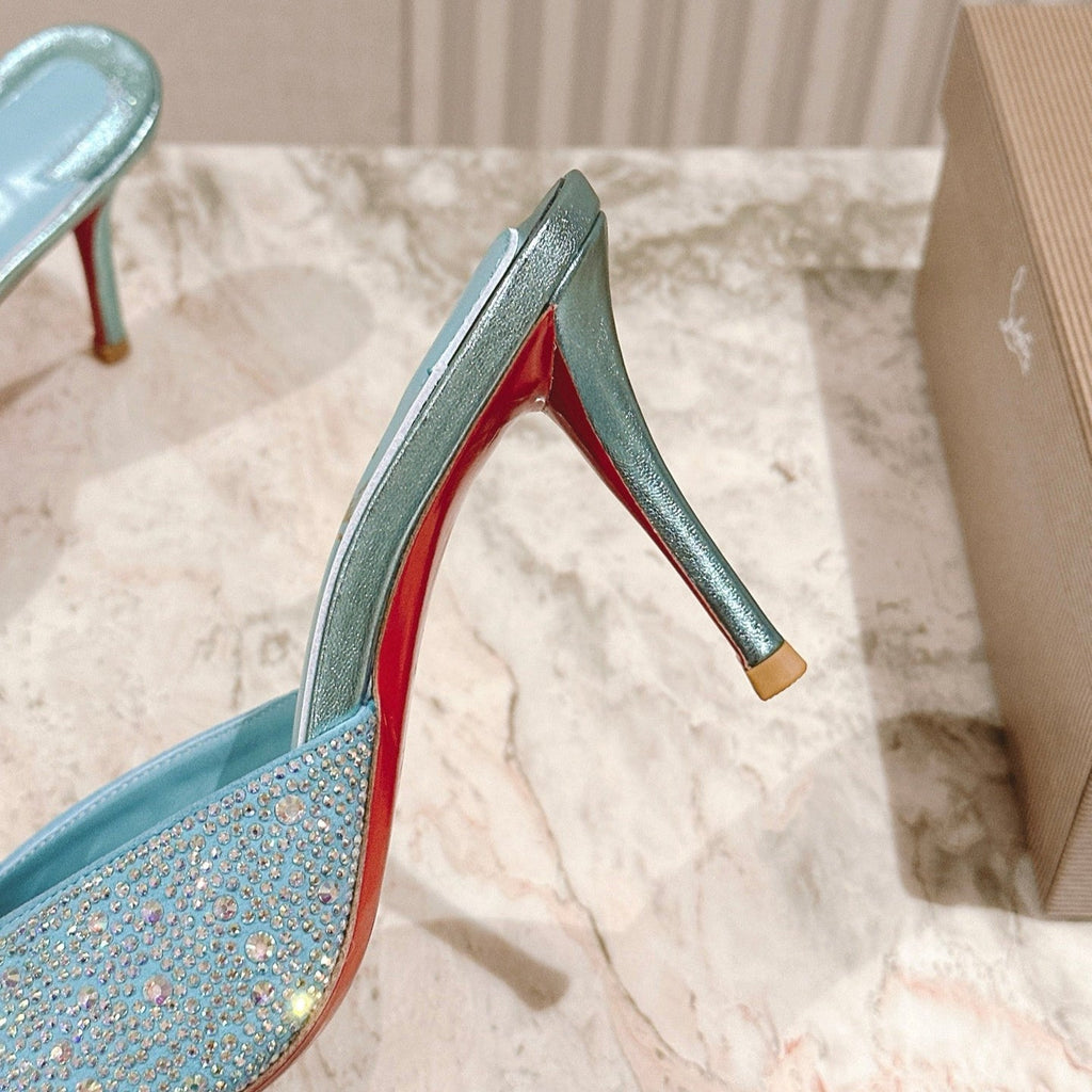 DOLLY STRASS SOLE SLIDE SANDALS 85MM IN BABY BLUE CALFSKIN