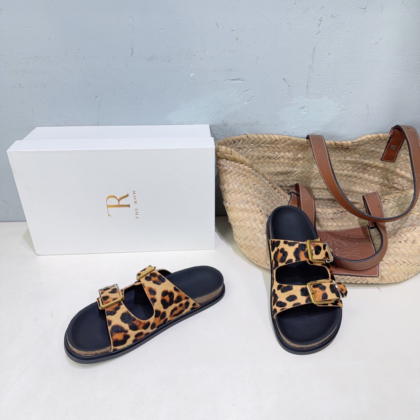 THE ROW 26S DOUBLE STRAP SLIDE SANDALS IN LEOPARD PRINT CALF HAIRCALFSKIN