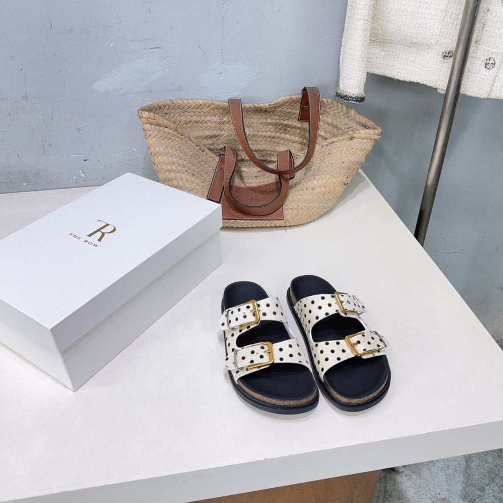 THE ROW 26S DOUBLE STRAP SLIDE SANDALS IN WHITE POLKA DOT CALF HAIR CALFSKIN