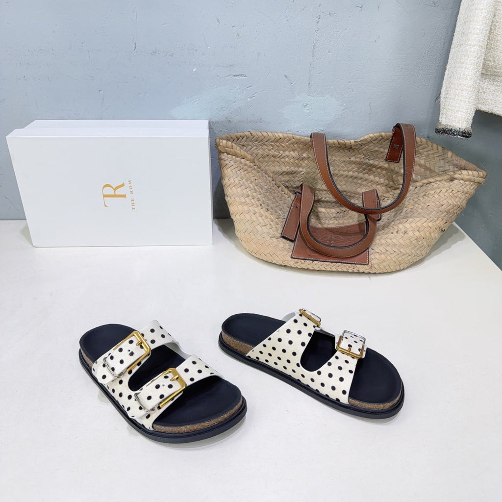 THE ROW 26S DOUBLE STRAP SLIDE SANDALS IN WHITE POLKA DOT CALF HAIR CALFSKIN