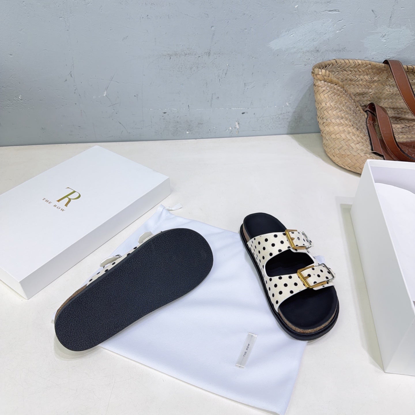 THE ROW 26S DOUBLE STRAP SLIDE SANDALS IN WHITE POLKA DOT CALF HAIR CALFSKIN