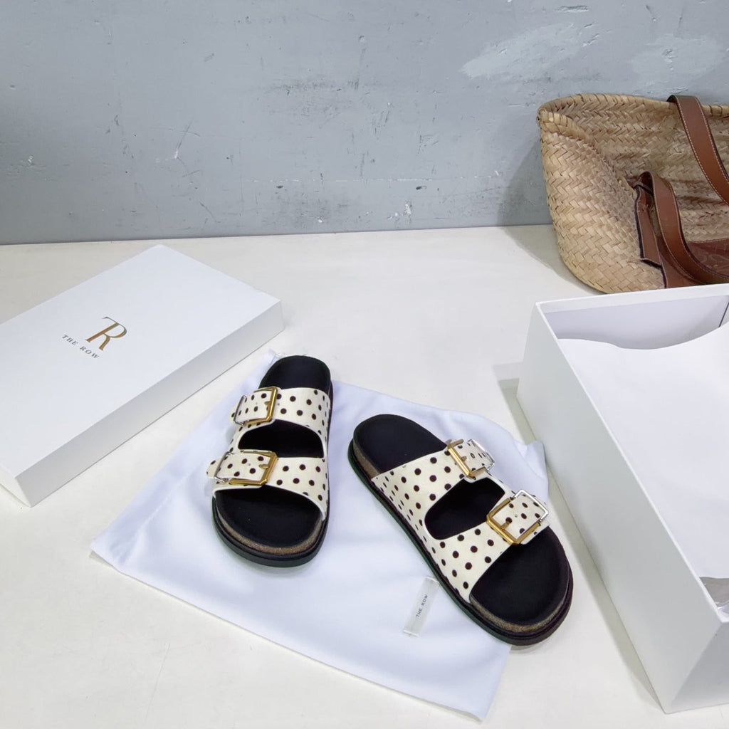 THE ROW 26S DOUBLE STRAP SLIDE SANDALS IN WHITE POLKA DOT CALF HAIR CALFSKIN