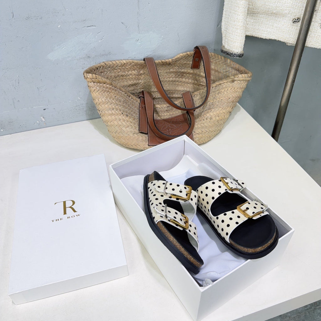 THE ROW 26S DOUBLE STRAP SLIDE SANDALS IN WHITE POLKA DOT CALF HAIR CALFSKIN