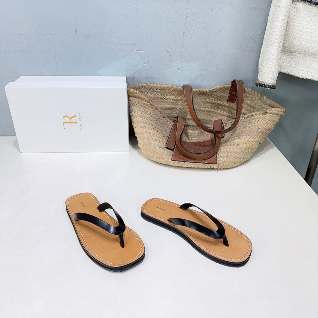THE ROW 26S THONG SANDALS IN BROWN CALFSKIN BLACK STRAP