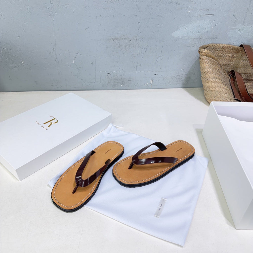 THE ROW 26S THONG SANDALS IN BROWN CALFSKIN DARK BROWN STRAP