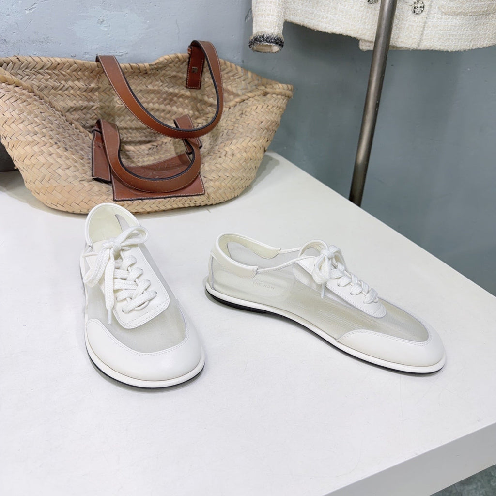 THE ROW 26S LACE UP SNEAKERS IN WHITE CALFSKIN AND MESH