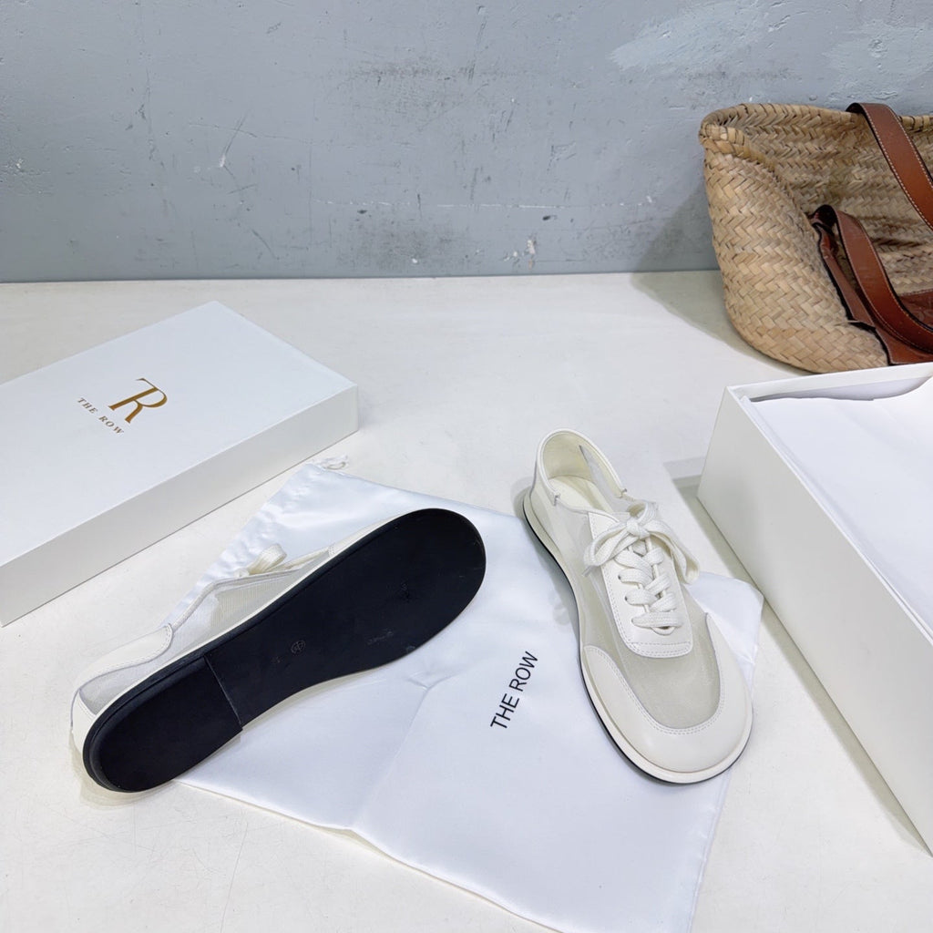 THE ROW 26S LACE UP SNEAKERS IN WHITE CALFSKIN AND MESH