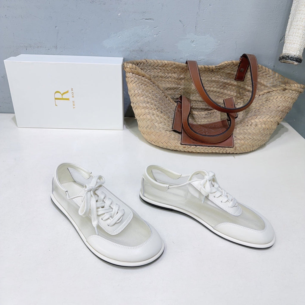 THE ROW 26S LACE UP SNEAKERS IN WHITE CALFSKIN AND MESH
