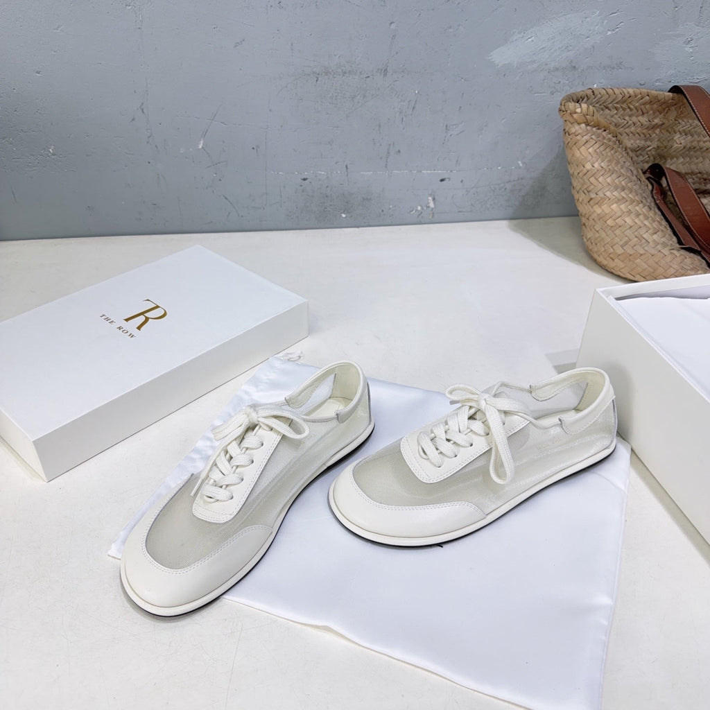 THE ROW 26S LACE UP SNEAKERS IN WHITE CALFSKIN AND MESH