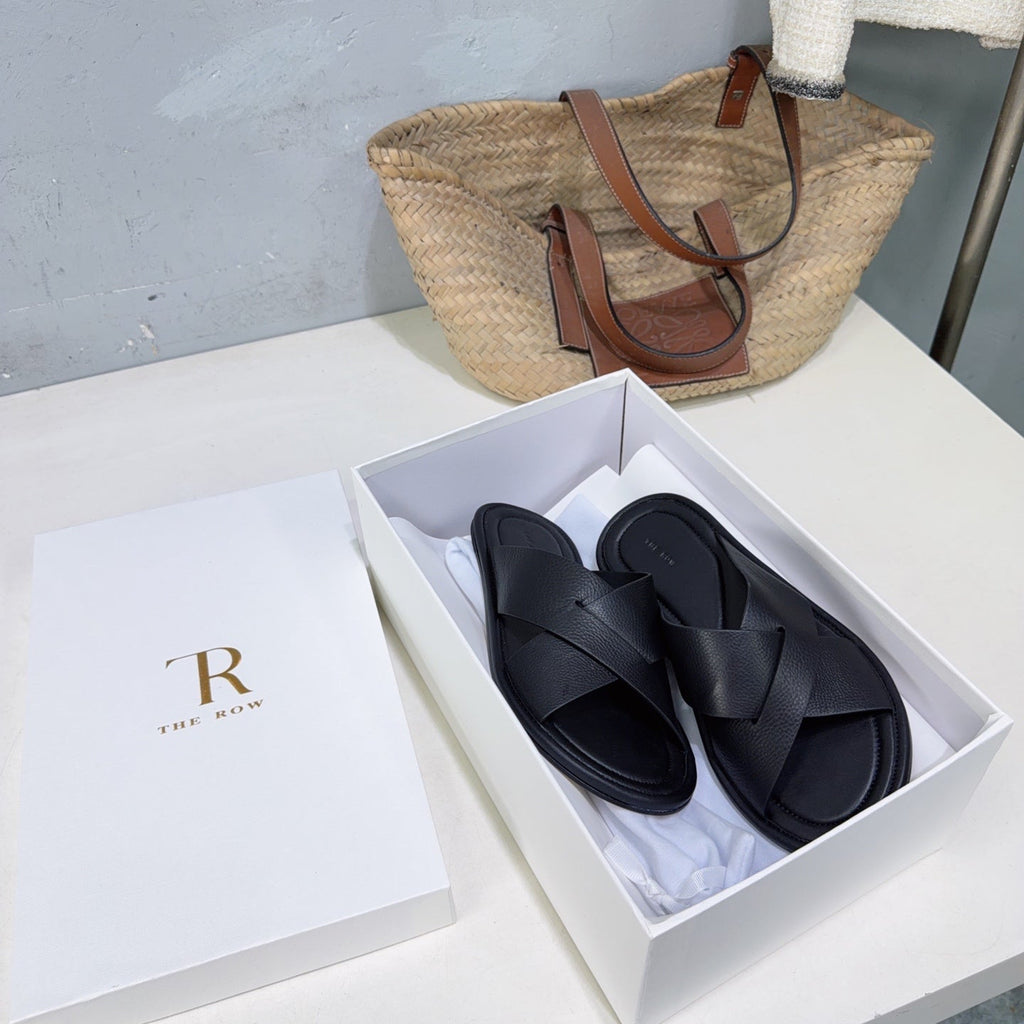 THE ROW 26S SLIDES SANDALS IN BLACK CALFKIN