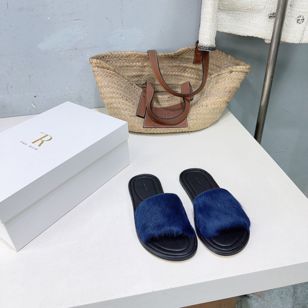 THE ROW 26S SLIDES SANDALS IN BLUE MINK FUR AND BLACK CALFSKIN