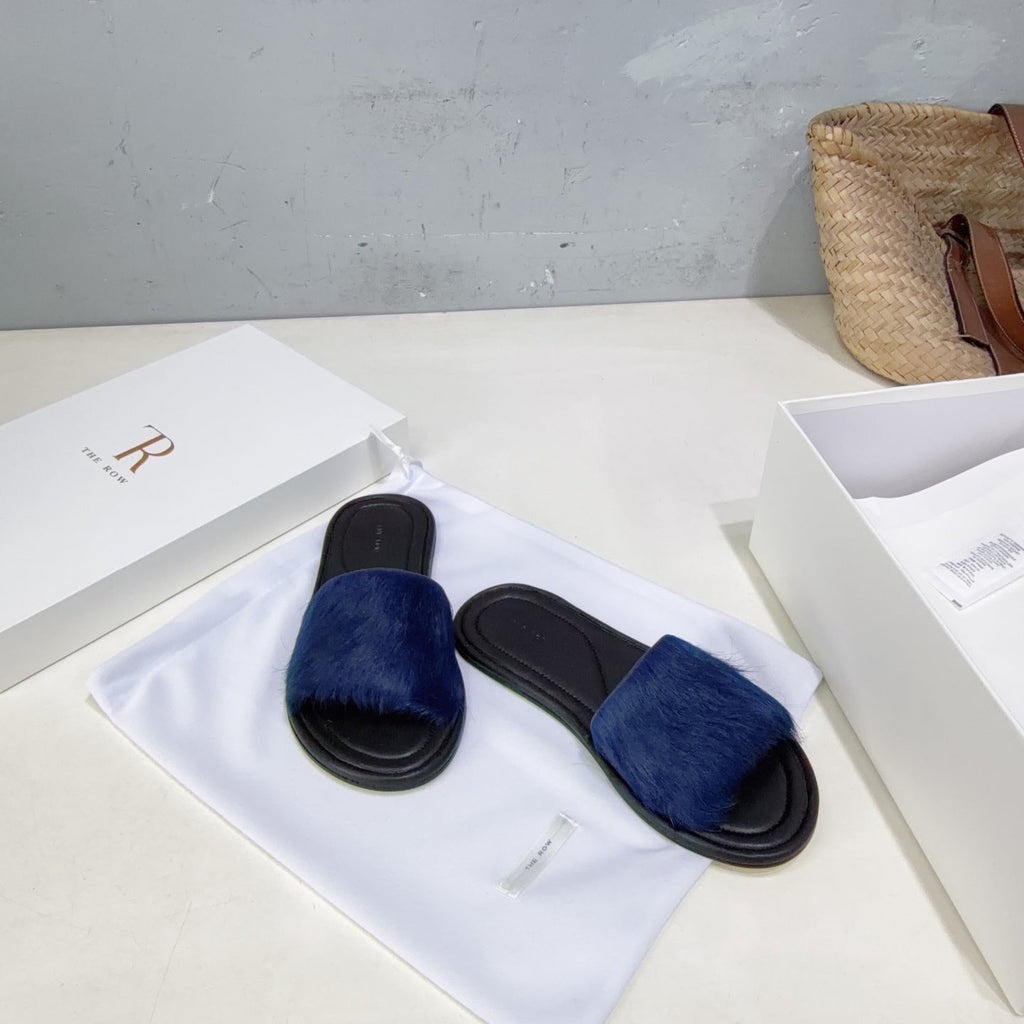 THE ROW 26S SLIDES SANDALS IN BLUE MINK FUR AND BLACK CALFSKIN