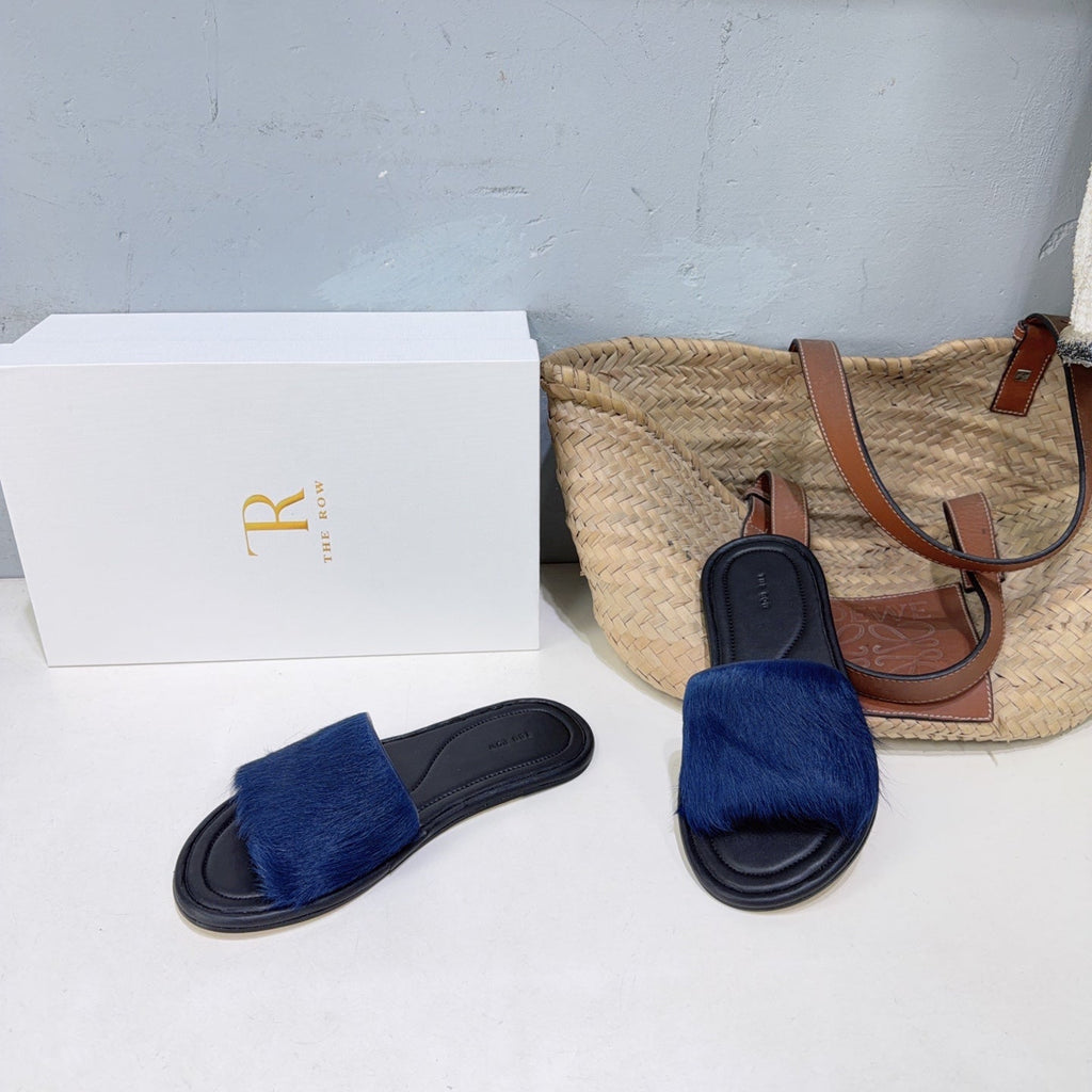 THE ROW 26S SLIDES SANDALS IN BLUE MINK FUR AND BLACK CALFSKIN