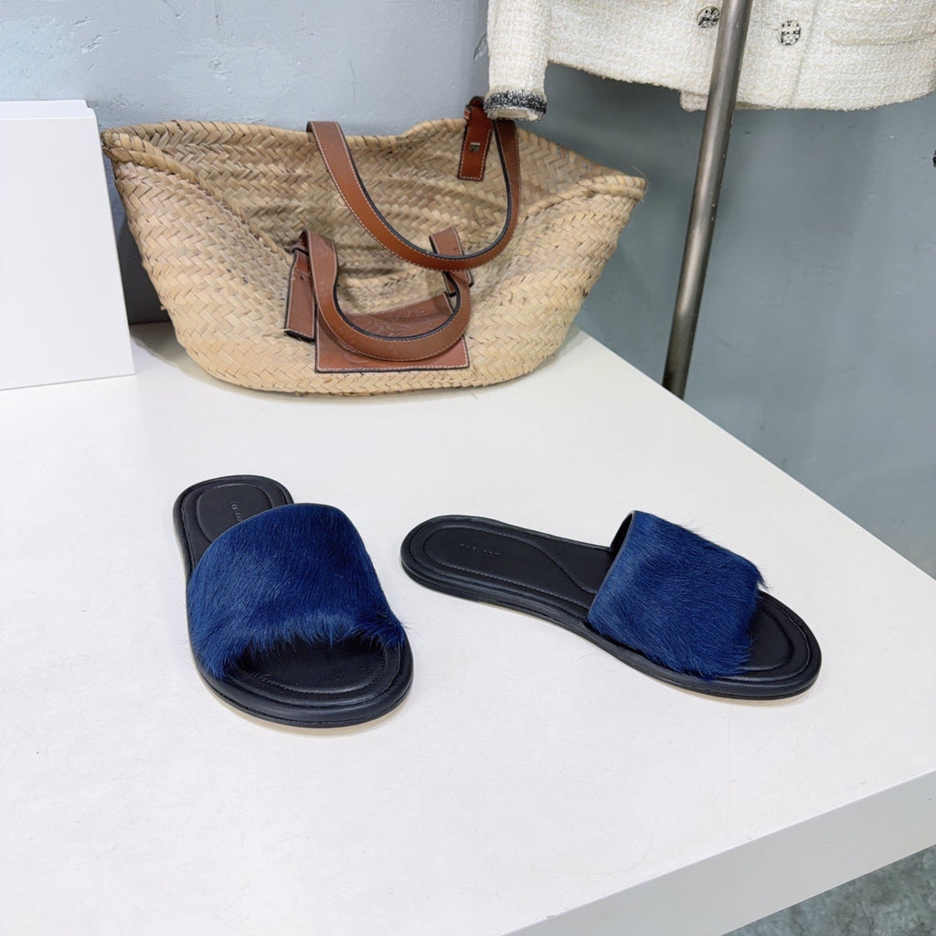 THE ROW 26S SLIDES SANDALS IN BLUE MINK FUR AND BLACK CALFSKIN
