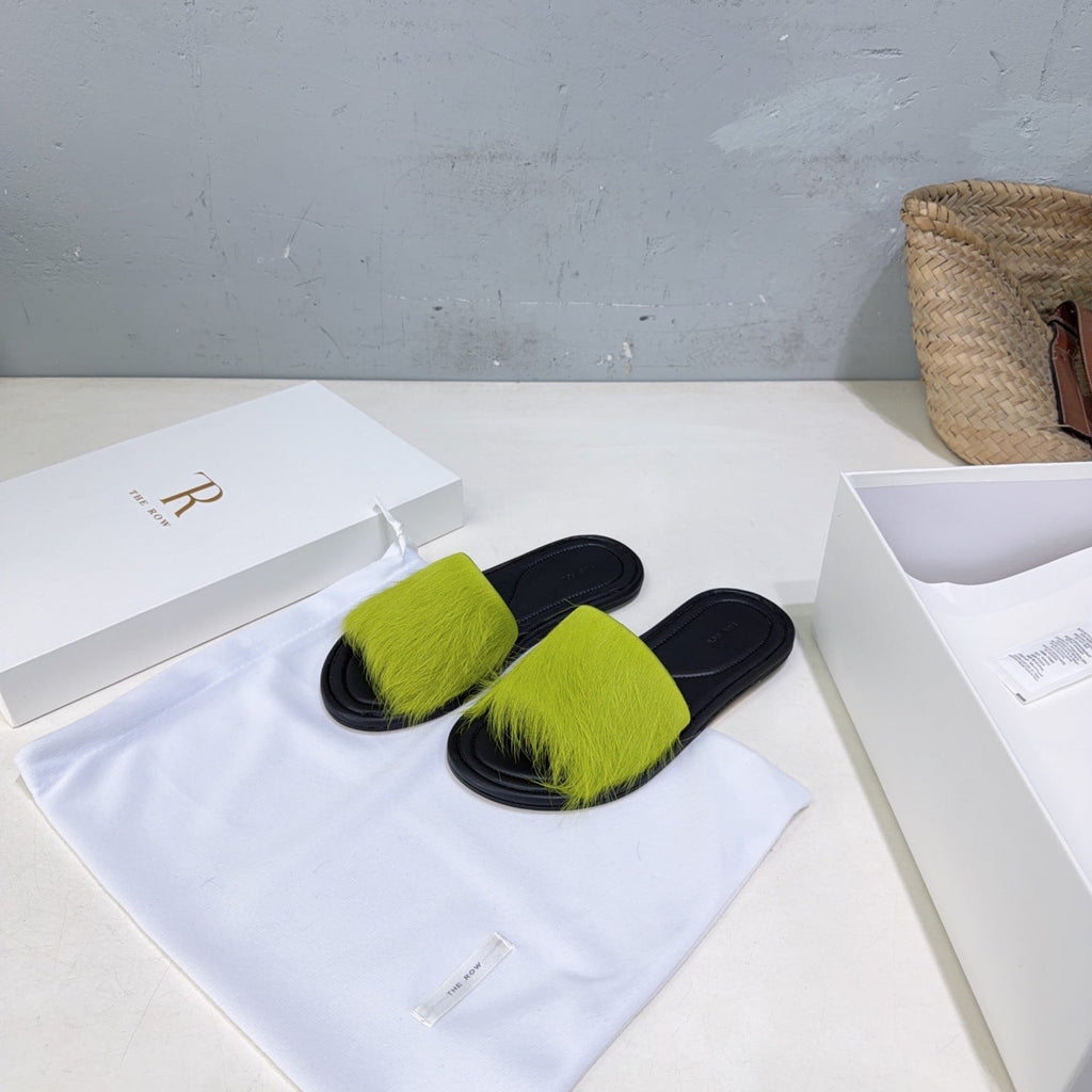 THE ROW 26S SLIDES SANDALS IN GREEN MINK FUR AND BLACK CALFSKIN