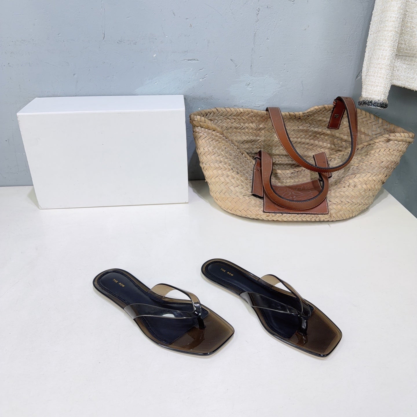 THE ROW 26S SQUARE TOE THONG SANDALS IN TRANSLUCENT DARK BROWN PVC WITH SILVER FOOTBED