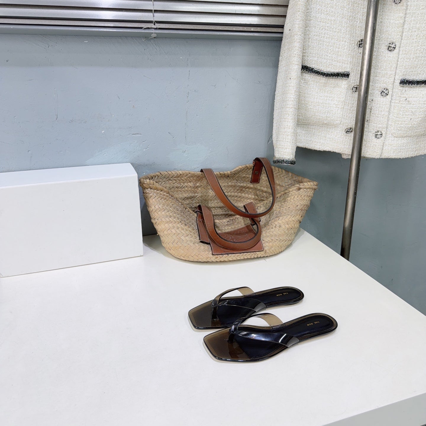 THE ROW 26S SQUARE TOE THONG SANDALS IN TRANSLUCENT DARK BROWN PVC WITH SILVER FOOTBED