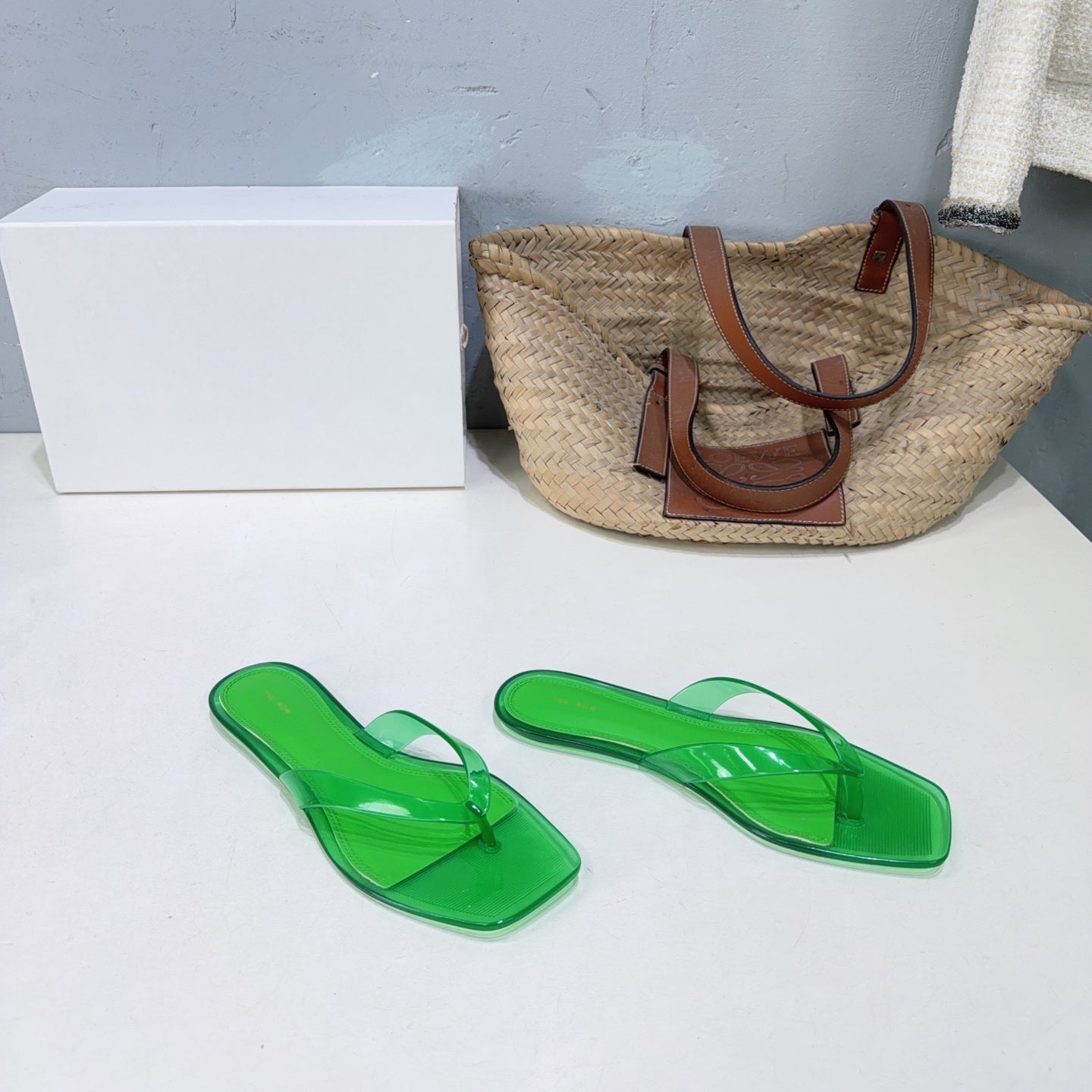 THE ROW 26S SQUARE TOE THONG SANDALS IN TRANSLUCENT GREEN PVC WITH SILVER FOOTBED