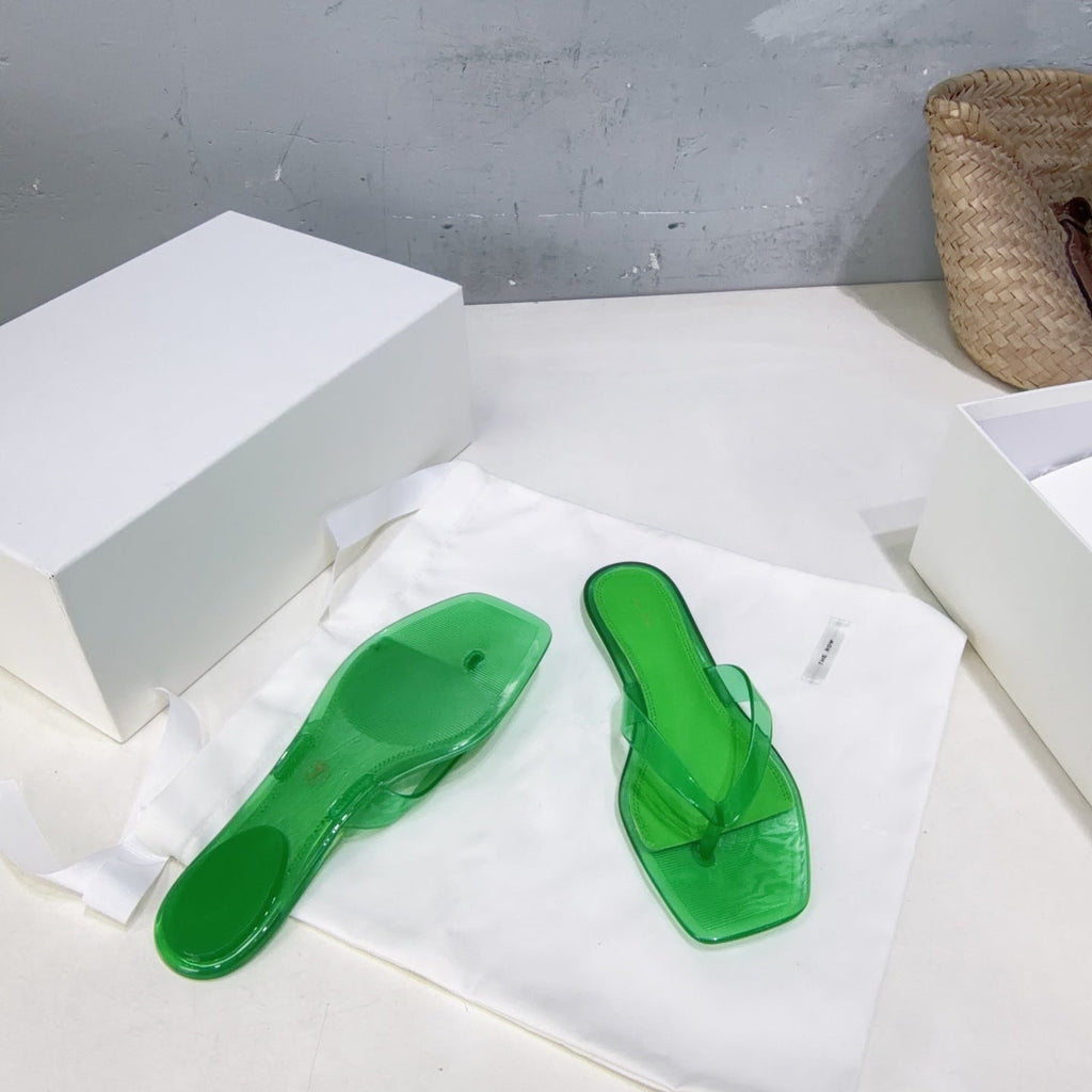 THE ROW 26S SQUARE TOE THONG SANDALS IN TRANSLUCENT GREEN PVC WITH SILVER FOOTBED