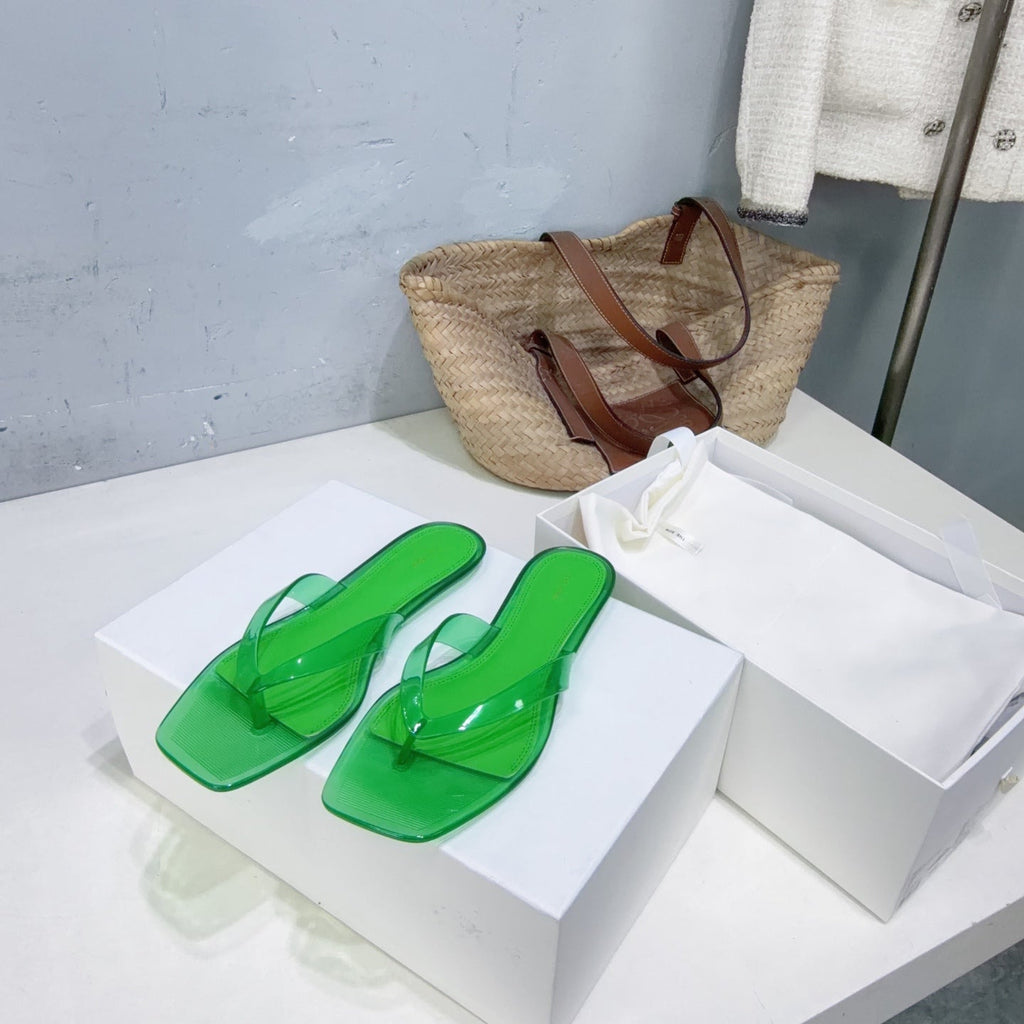 THE ROW 26S SQUARE TOE THONG SANDALS IN TRANSLUCENT GREEN PVC WITH SILVER FOOTBED