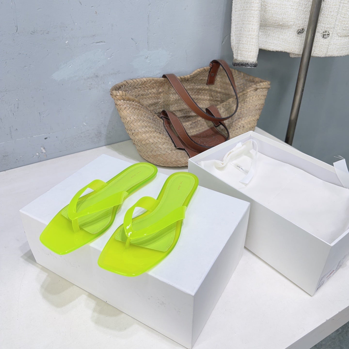 THE ROW 26S SQUARE TOE THONG SANDALS IN TRANSLUCENT YELLOW PVC WITH SILVER FOOTBED