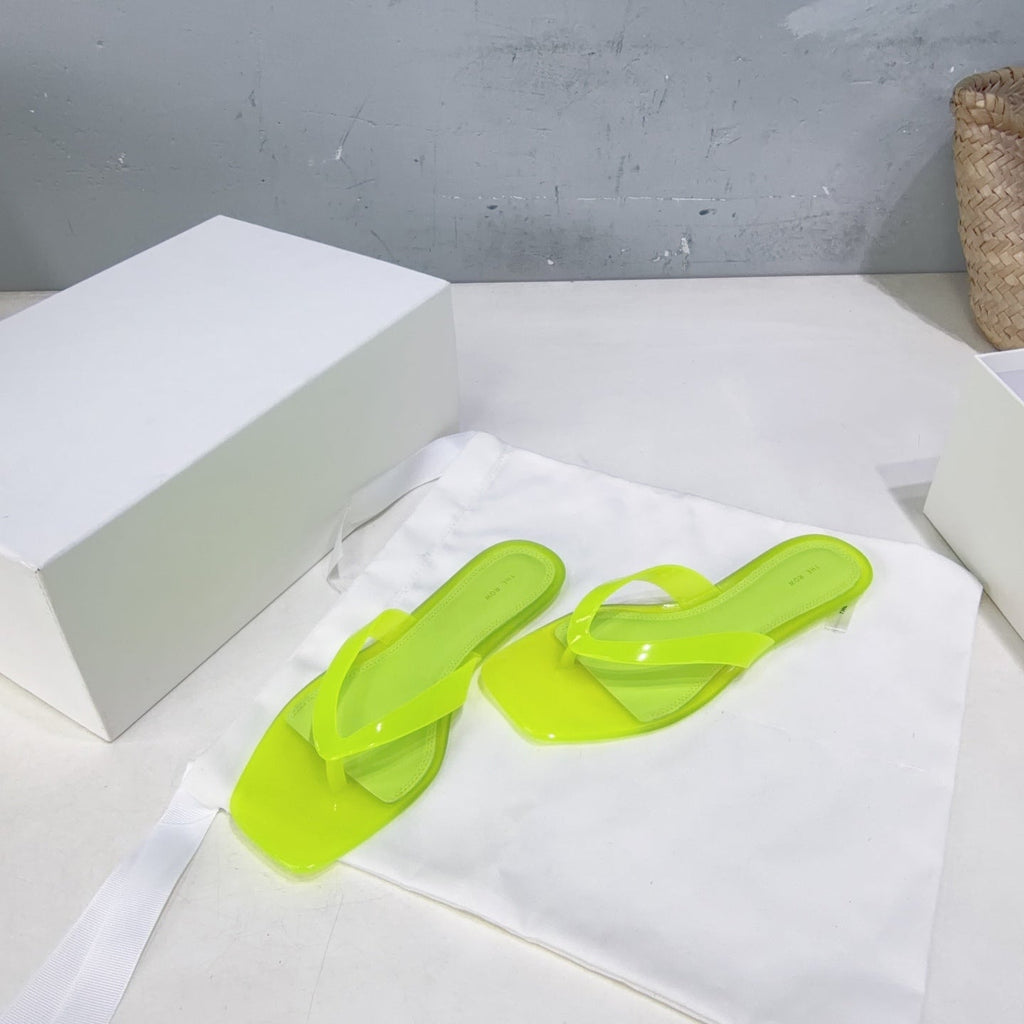 THE ROW 26S SQUARE TOE THONG SANDALS IN TRANSLUCENT YELLOW PVC WITH SILVER FOOTBED
