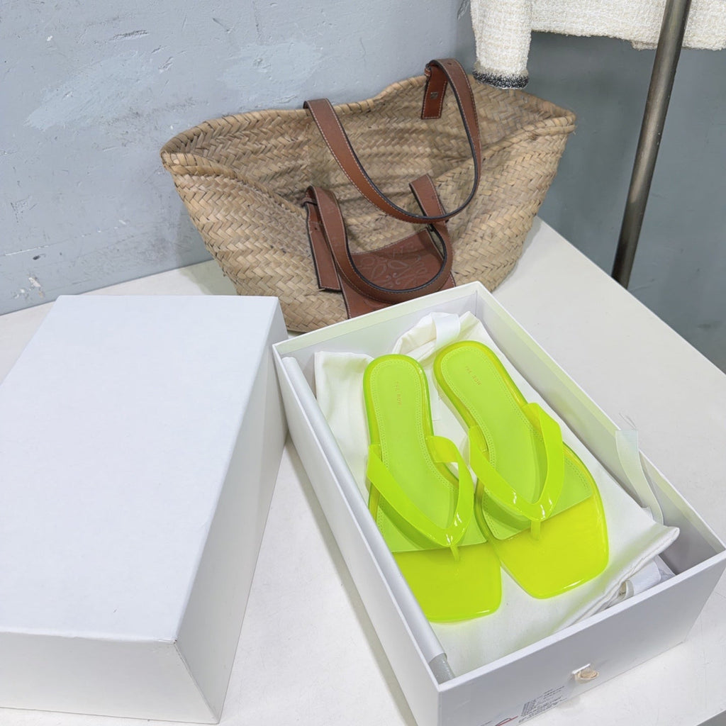 THE ROW 26S SQUARE TOE THONG SANDALS IN TRANSLUCENT YELLOW PVC WITH SILVER FOOTBED