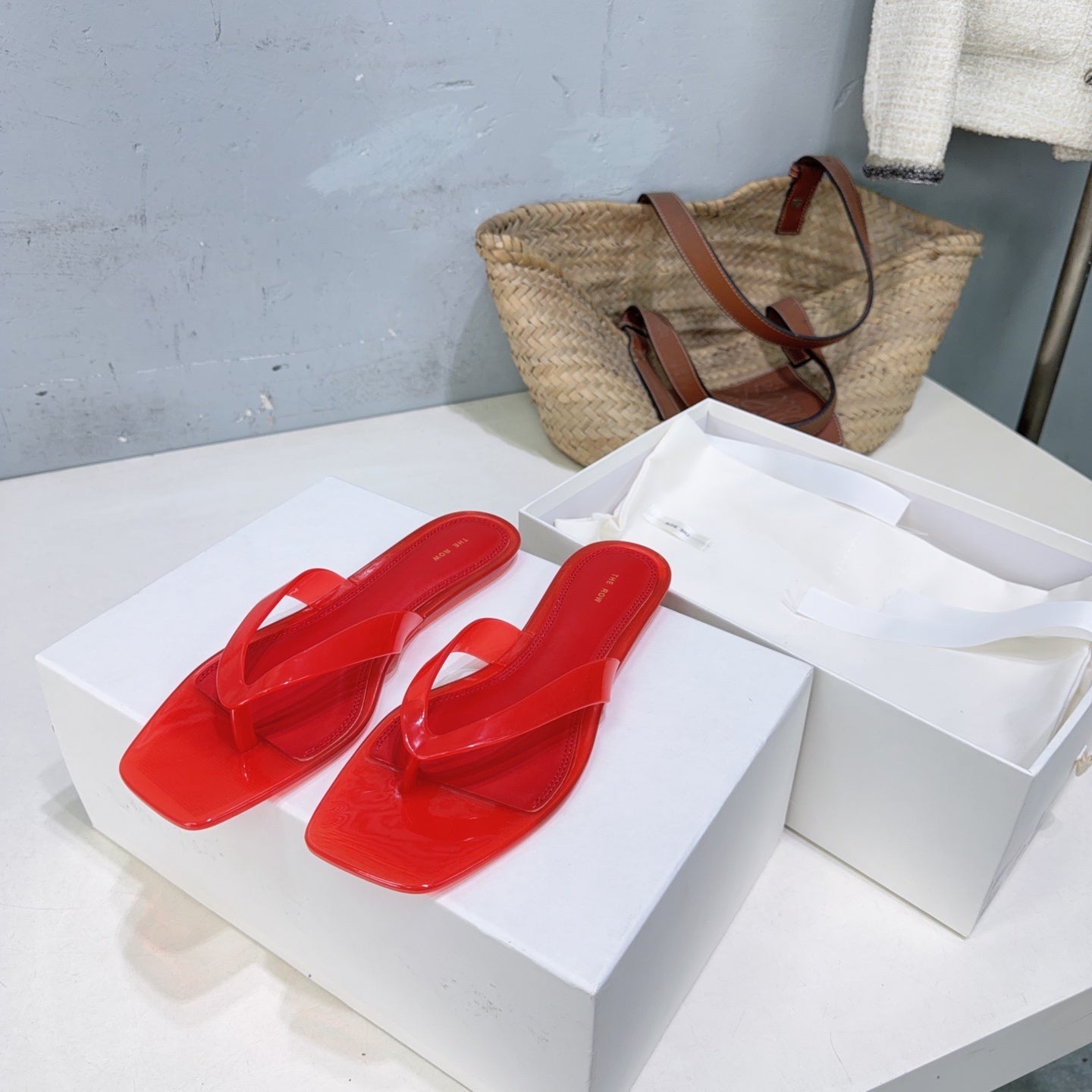 THE ROW 26S SQUARE TOE THONG SANDALS IN TRANSLUCENT RED PVC WITH SILVER FOOTBED
