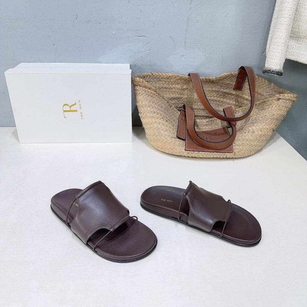 THE ROW 26S STRAP SLIDES IN CHOCOLATE BROWN CALFSKIN