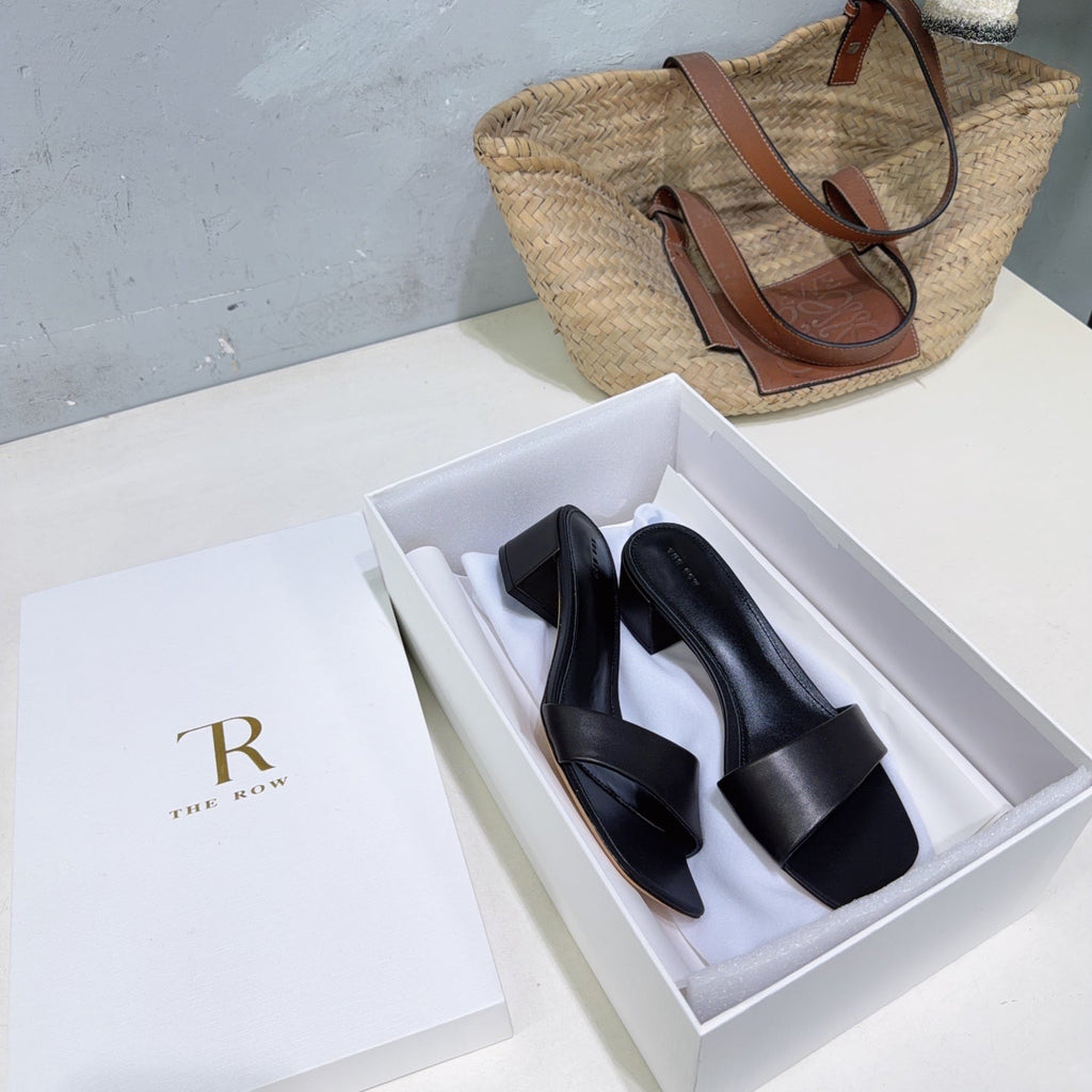 THE ROW 26S SQUARE TOE SLIDE SANDALS 45MM IN BLACK CALFSKIN