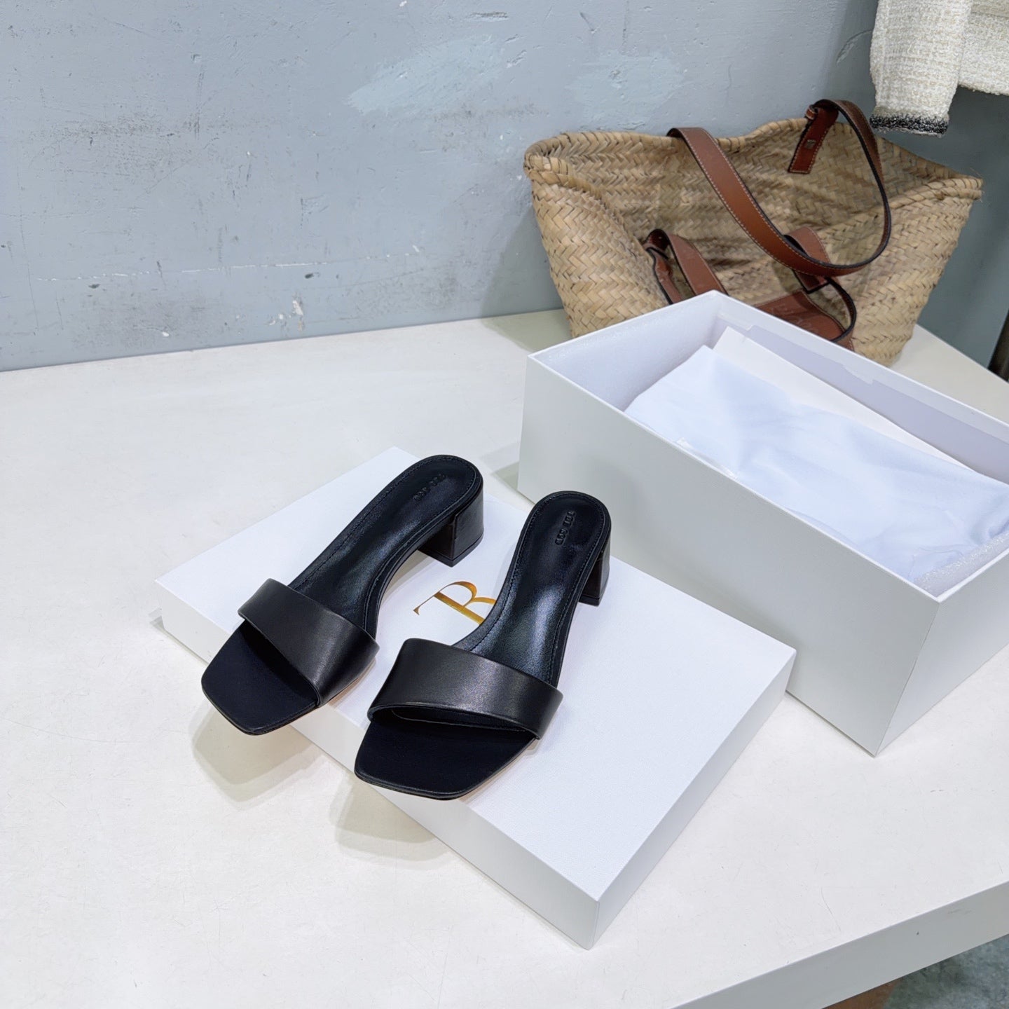 THE ROW 26S SQUARE TOE SLIDE SANDALS 45MM IN BLACK CALFSKIN
