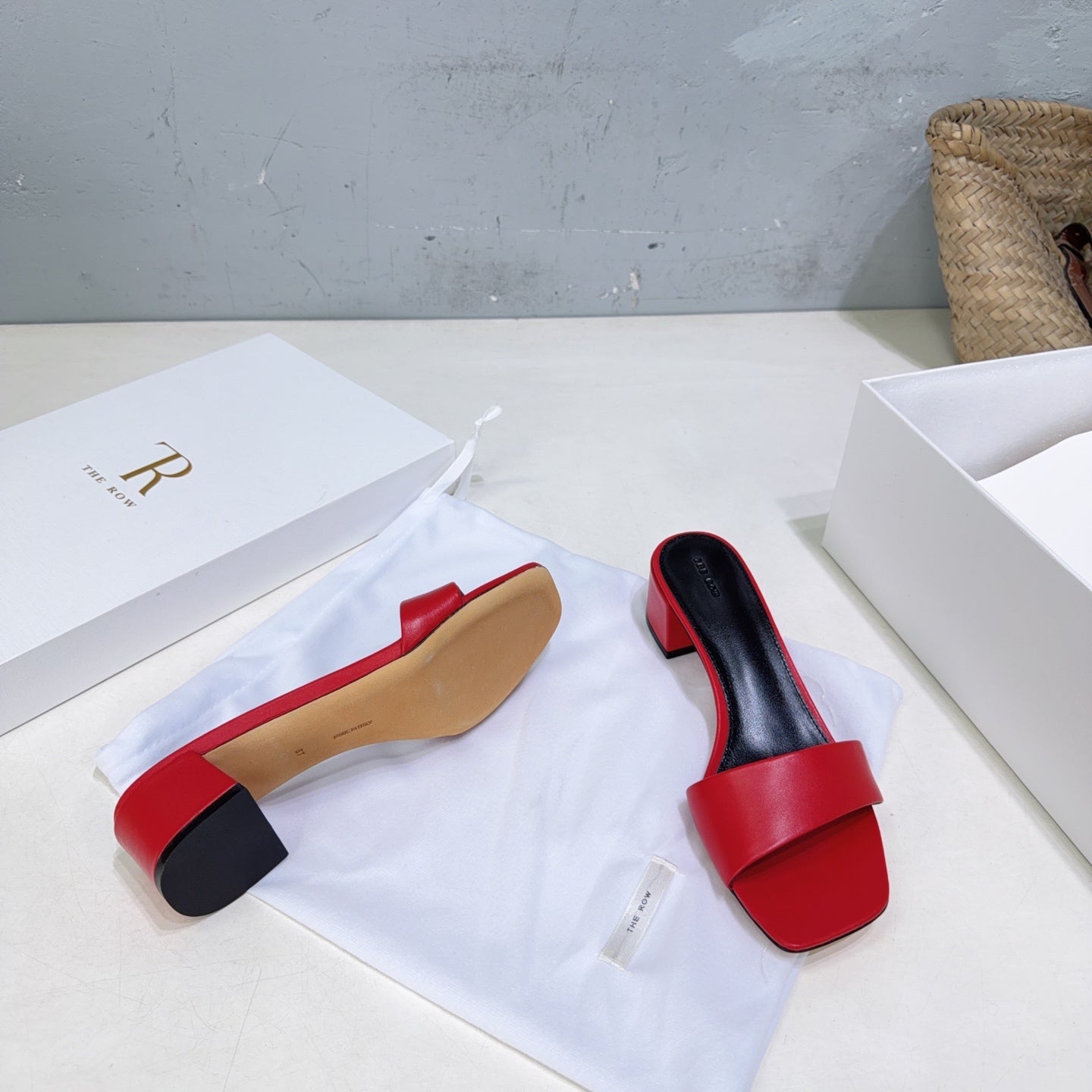 THE ROW 26S SQUARE TOE SLIDE SANDALS 45MM IN DARK RED CALFSKIN