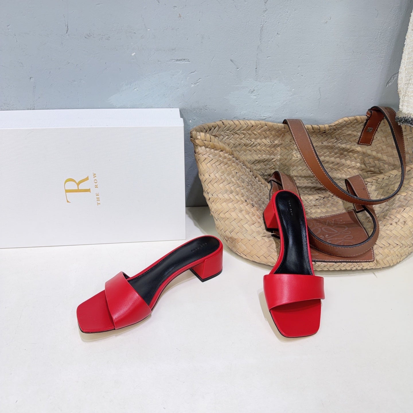 THE ROW 26S SQUARE TOE SLIDE SANDALS 45MM IN DARK RED CALFSKIN
