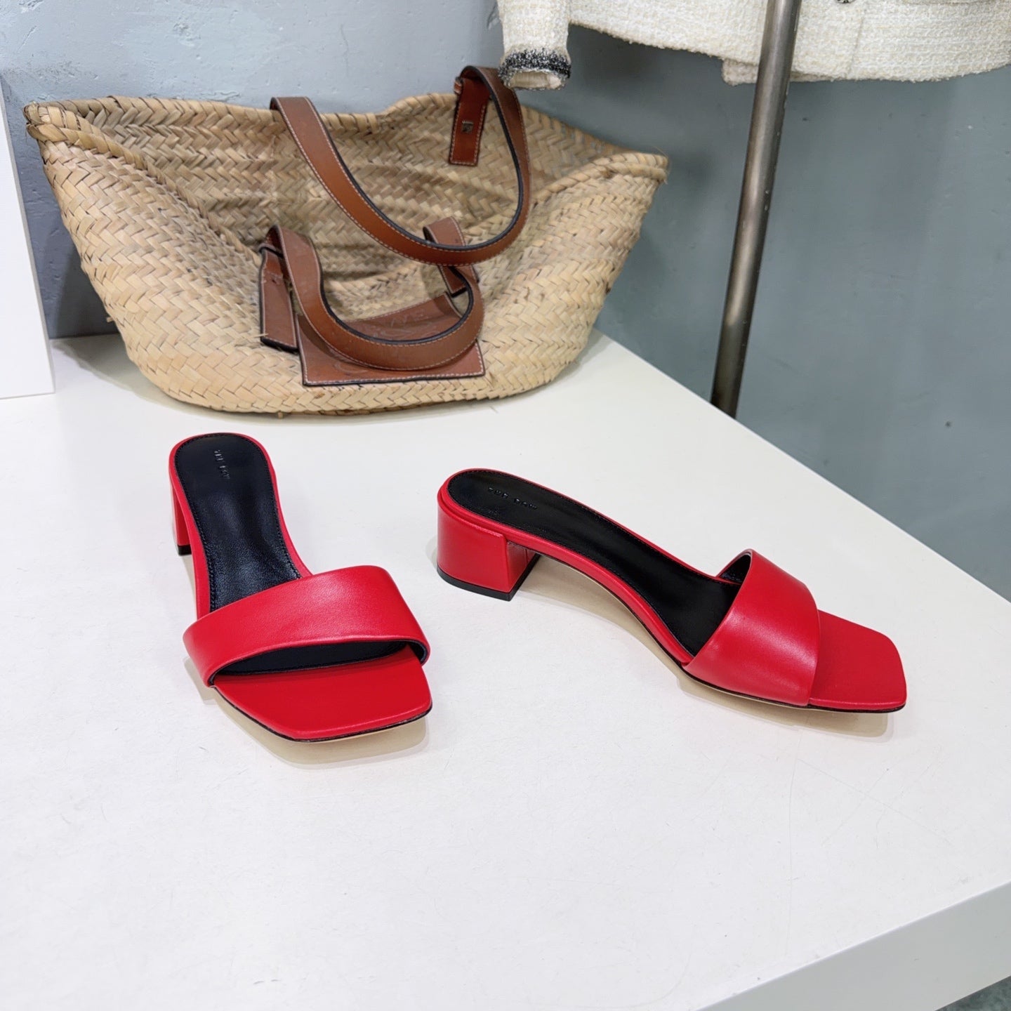 THE ROW 26S SQUARE TOE SLIDE SANDALS 45MM IN DARK RED CALFSKIN