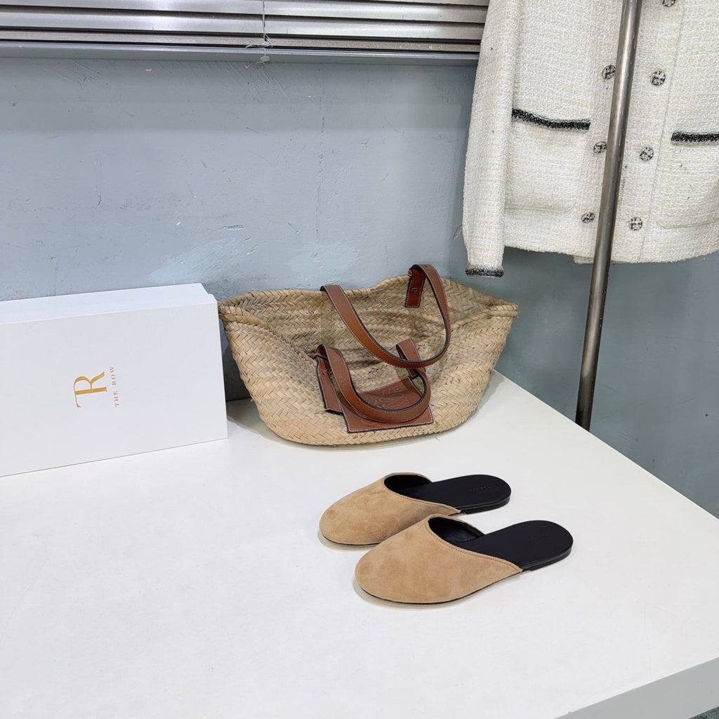 THE ROW 26S ROUND TOE MULE FLATS IN LIGHT BROWN SUEDE