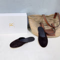 THE ROW 26S ROUND TOE MULE FLATS IN DARK BROWN SUEDE
