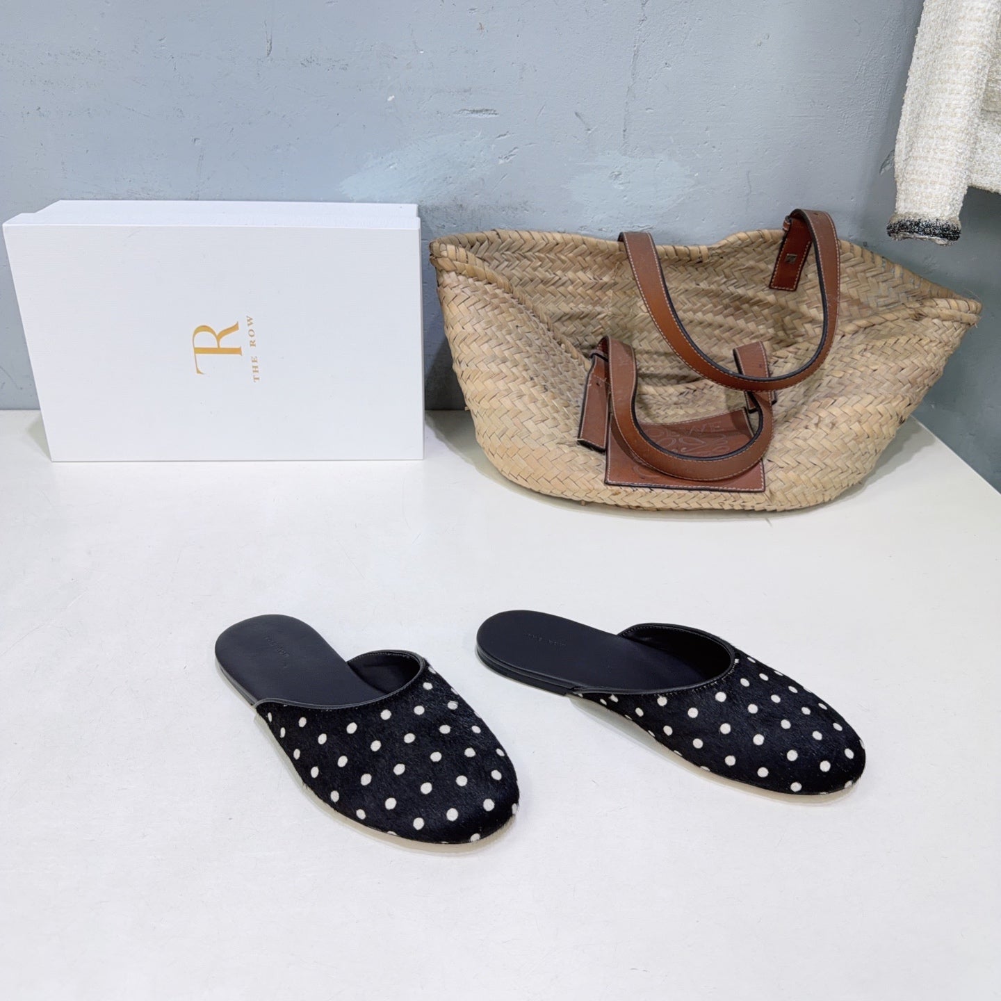 THE ROW 26S ROUND TOE MULE FLATS IN BLACK POLKA DOT CALF HAIR CALFSKIN