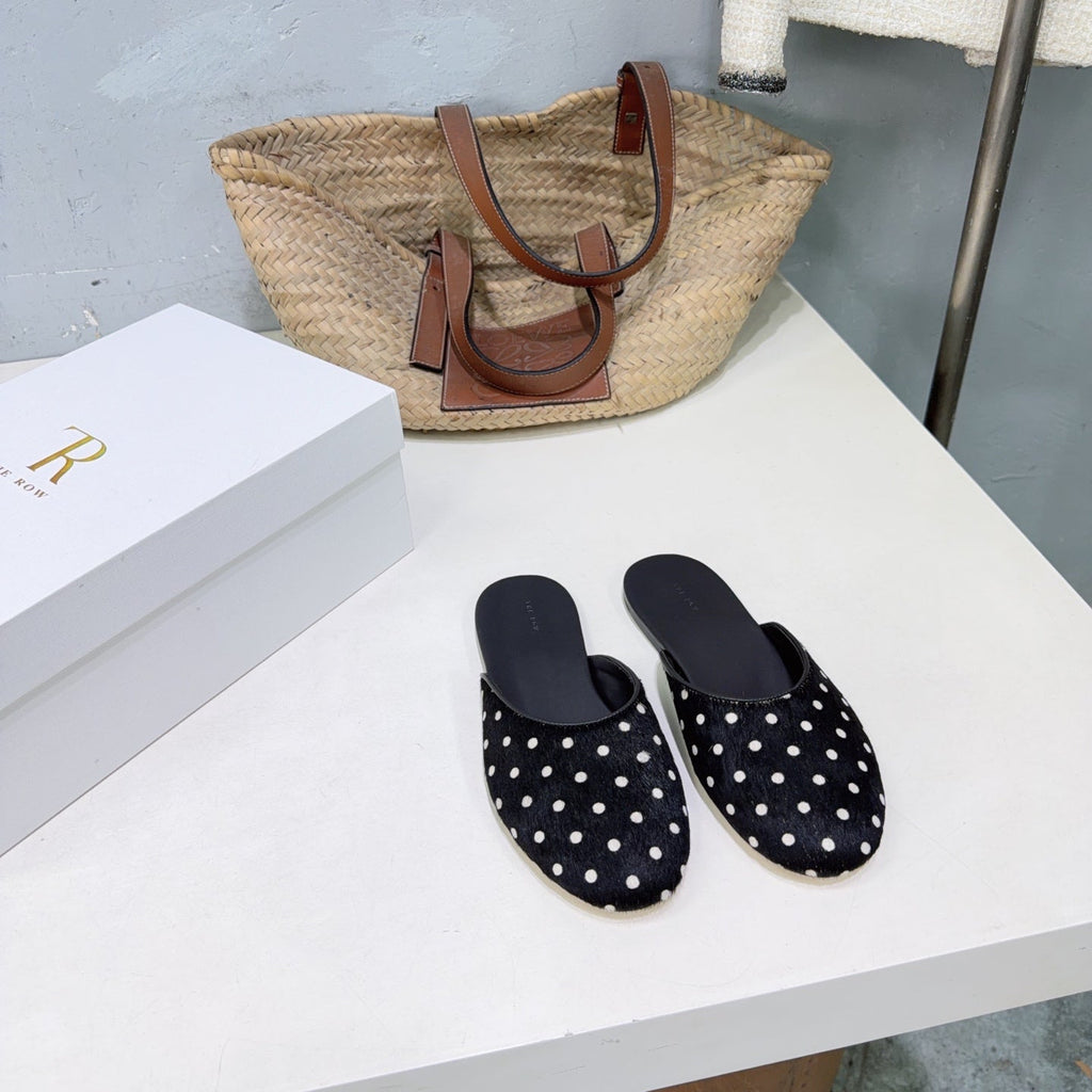 THE ROW 26S ROUND TOE MULE FLATS IN BLACK POLKA DOT CALF HAIR CALFSKIN