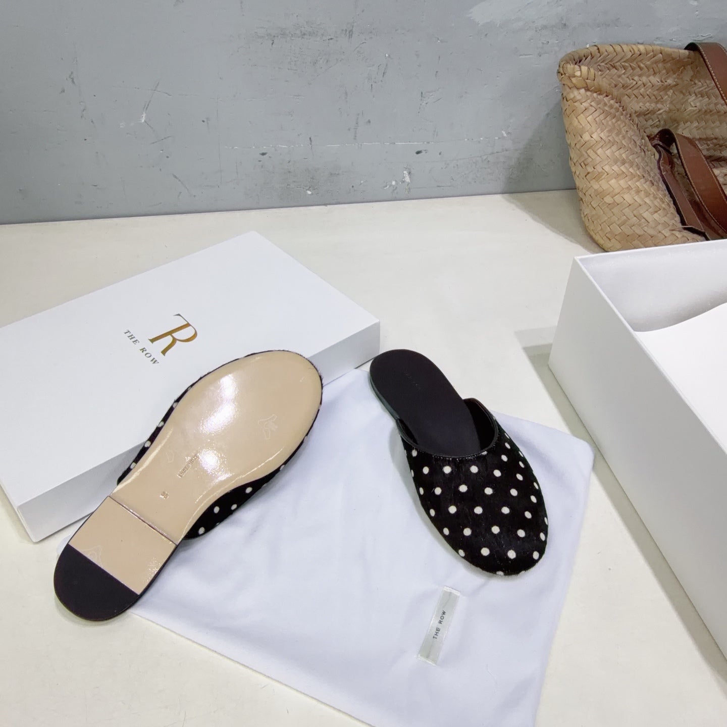 THE ROW 26S ROUND TOE MULE FLATS IN BLACK POLKA DOT CALF HAIR CALFSKIN