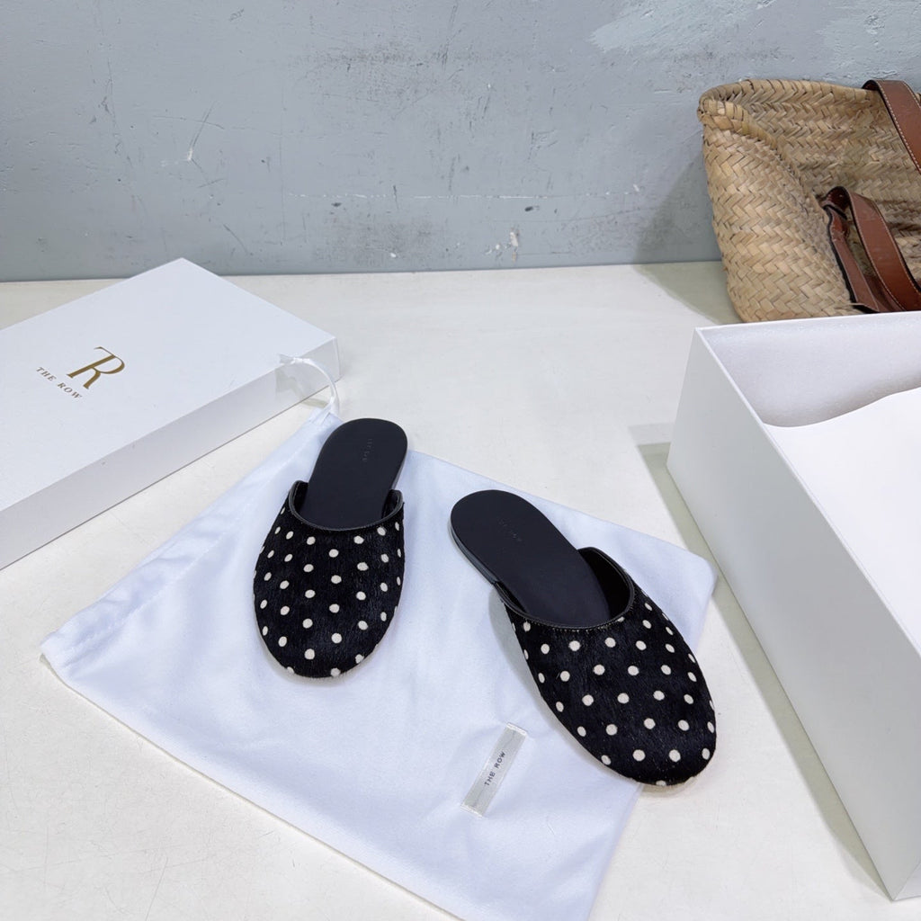 THE ROW 26S ROUND TOE MULE FLATS IN BLACK POLKA DOT CALF HAIR CALFSKIN