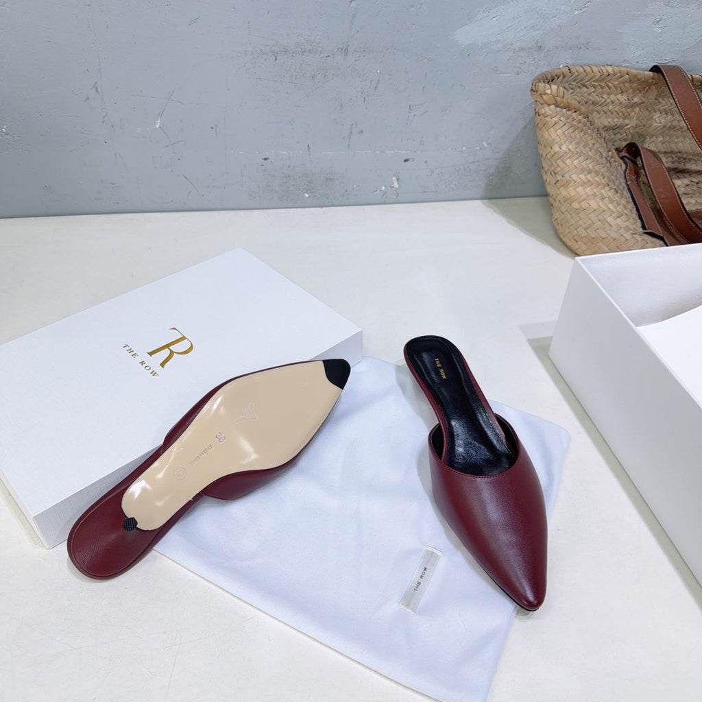 THE ROW 26S POINTED TOE MULE HEELS 35MM IN BURGUNDY RED CALFSKIN