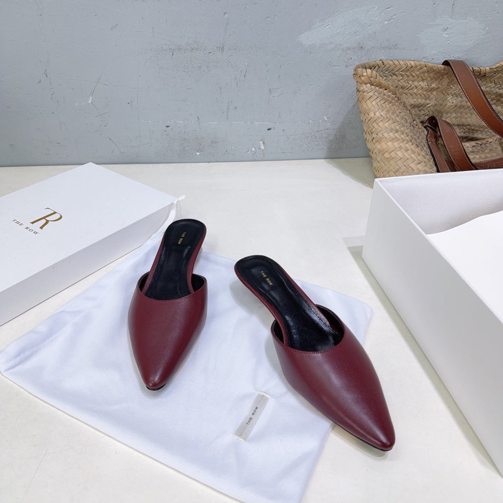 THE ROW 26S POINTED TOE MULE HEELS 35MM IN BURGUNDY RED CALFSKIN