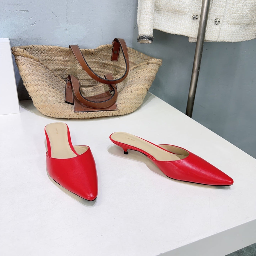 THE ROW 26S POINTED TOE MULE HEELS 35MM IN DARK RED CALFSKIN