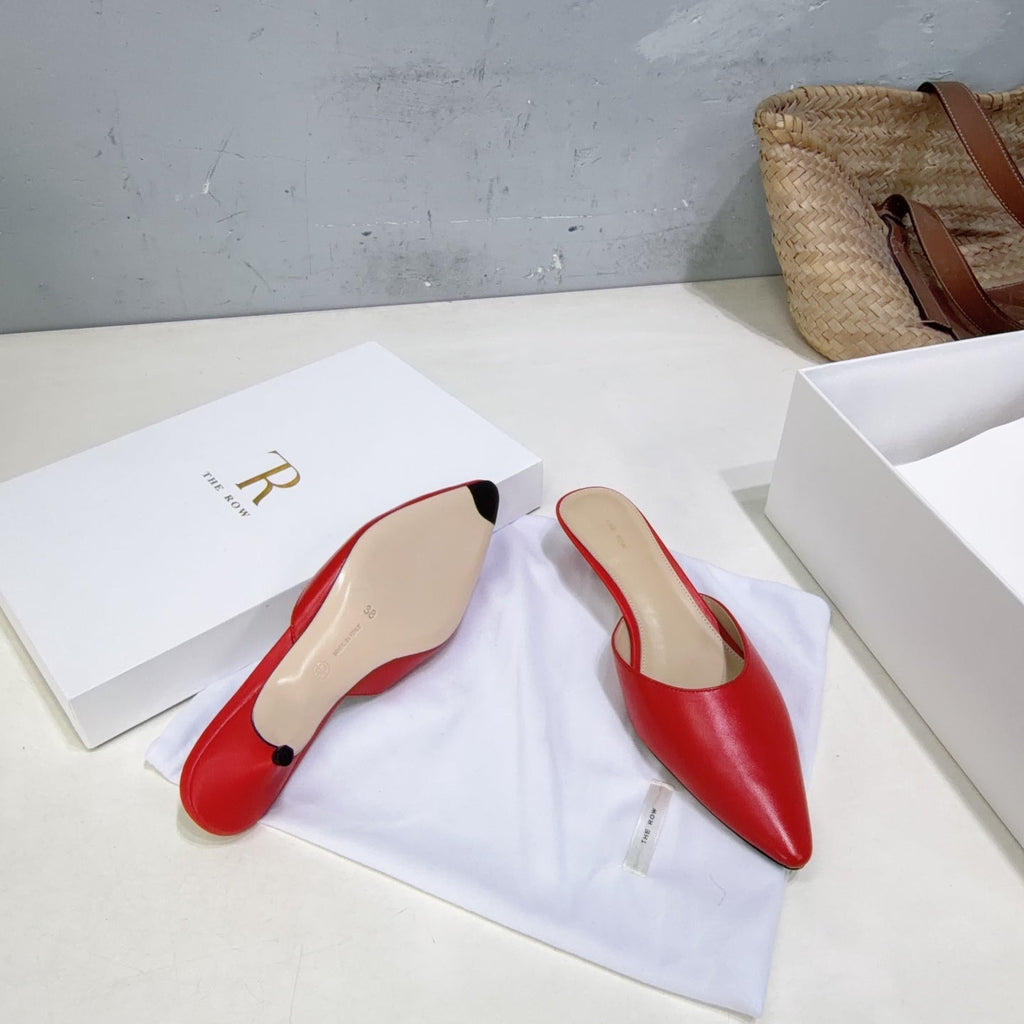 THE ROW 26S POINTED TOE MULE HEELS 35MM IN DARK RED CALFSKIN