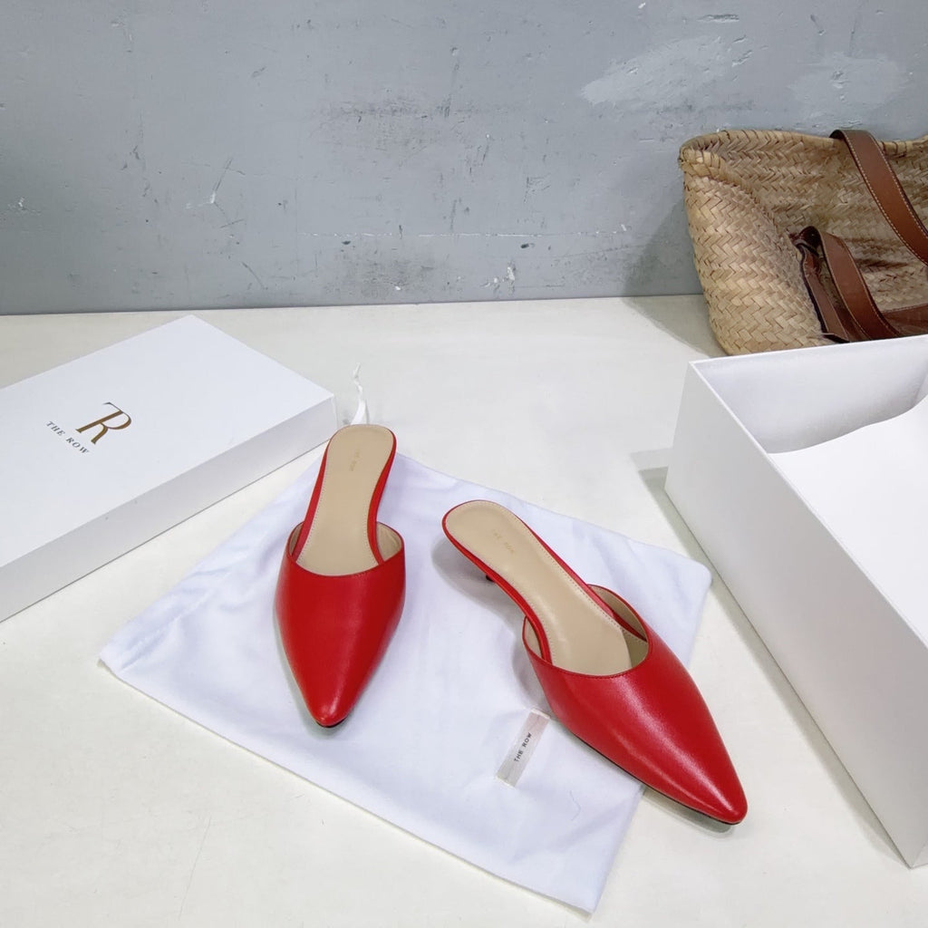 THE ROW 26S POINTED TOE MULE HEELS 35MM IN DARK RED CALFSKIN