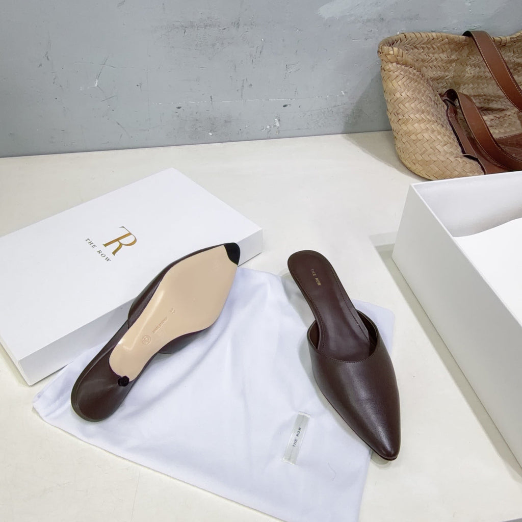 THE ROW 26S POINTED TOE MULE HEELS 35MM IN CHOCOLATE BROWN CALFSKIN
