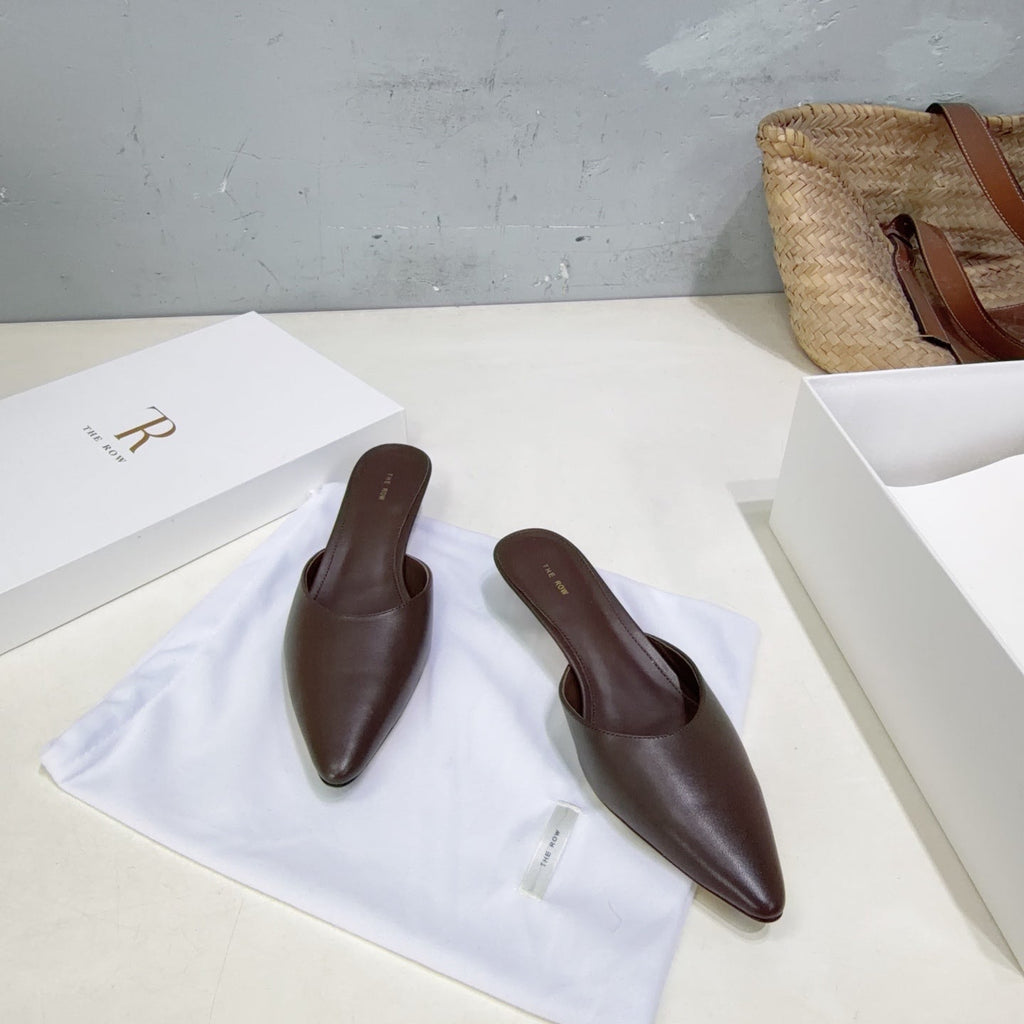 THE ROW 26S POINTED TOE MULE HEELS 35MM IN CHOCOLATE BROWN CALFSKIN