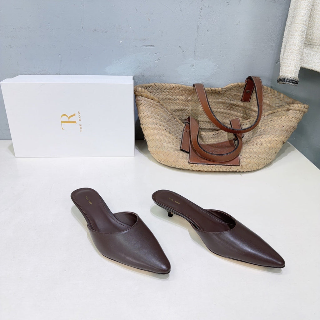 THE ROW 26S POINTED TOE MULE HEELS 35MM IN CHOCOLATE BROWN CALFSKIN