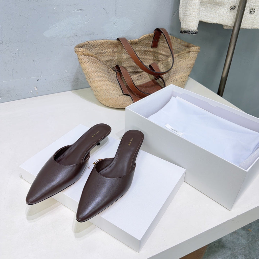 THE ROW 26S POINTED TOE MULE HEELS 35MM IN CHOCOLATE BROWN CALFSKIN
