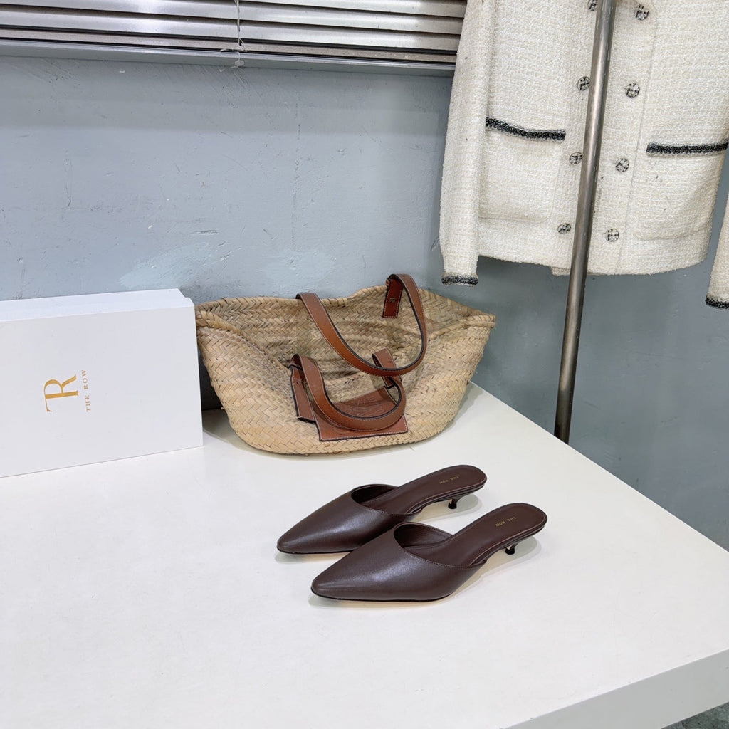 THE ROW 26S POINTED TOE MULE HEELS 35MM IN CHOCOLATE BROWN CALFSKIN